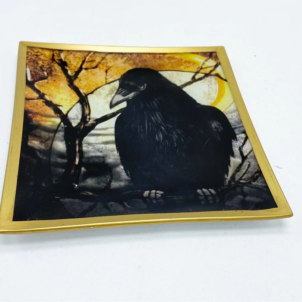 Black Raven and Moon Glass Plate Trinket Jewelry Dish NEW - Picture 1 of 4